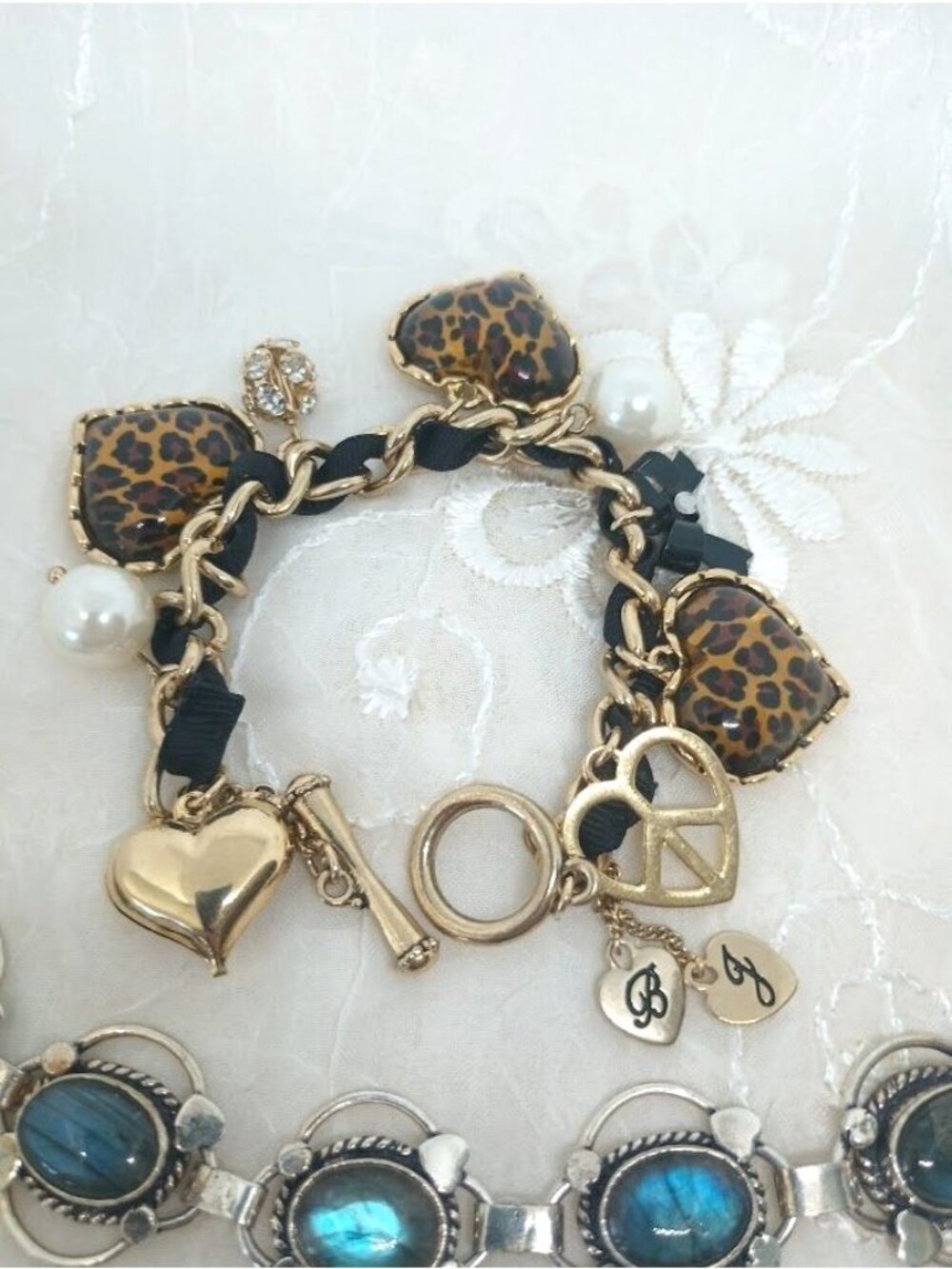 Betsey Johnson Leopard Print Heart Charm Bracelet & Labradorite Bracelets - Picture 2 of 10